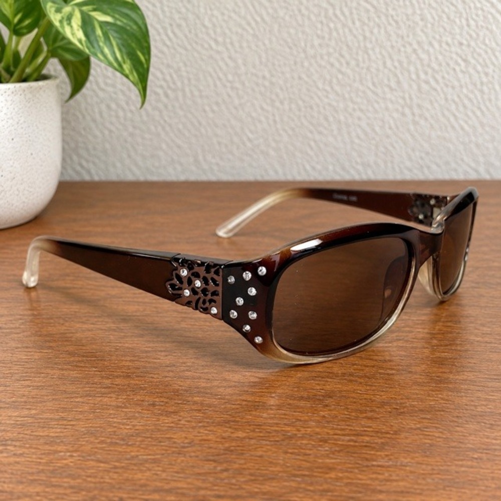Piranha Prestige Brown Polarized Sunglasses Rhinestone Floral Y2K 60-15-125